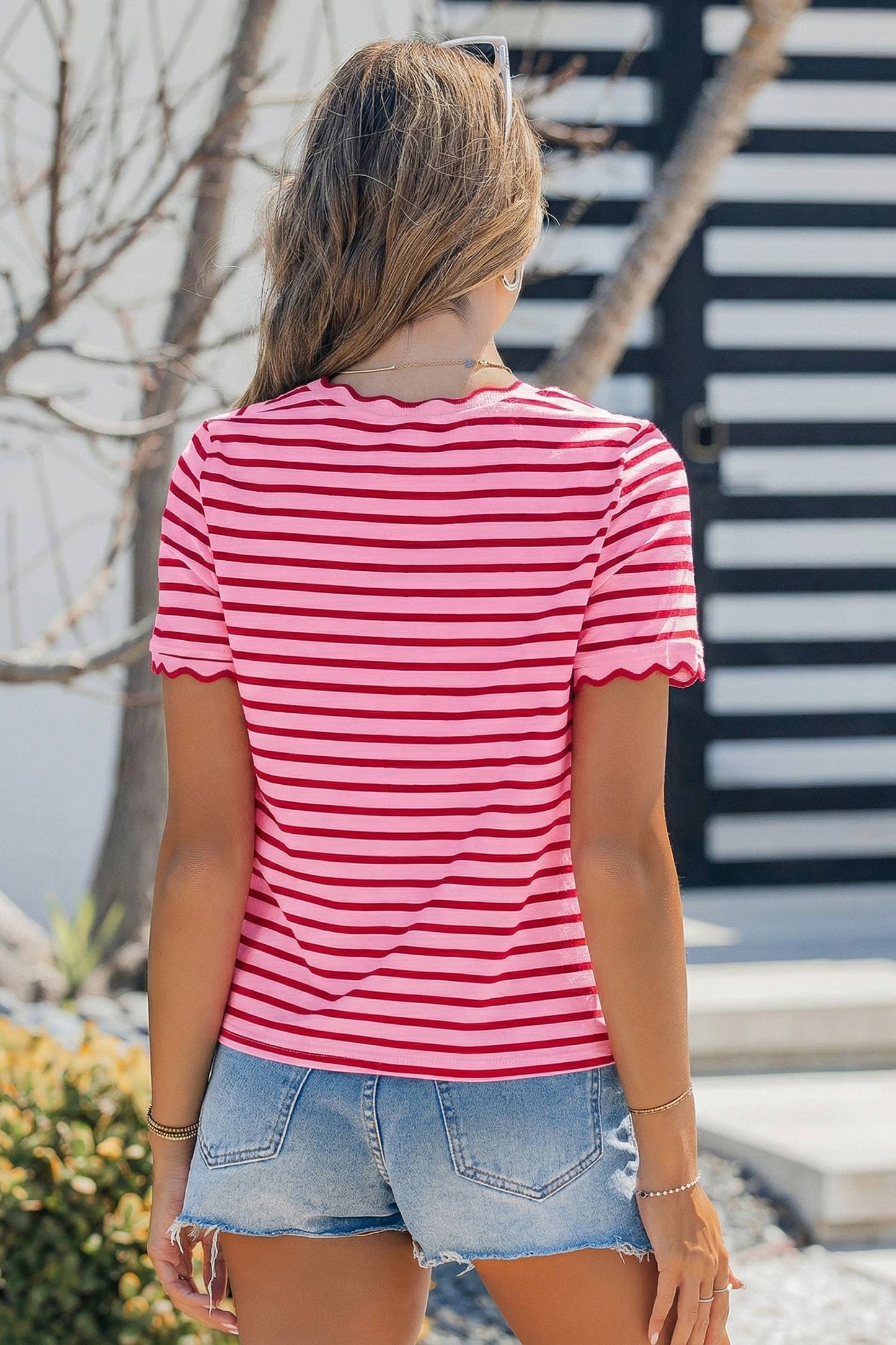 Striped Scalloped Trim Round Neck T Shirt S-4X