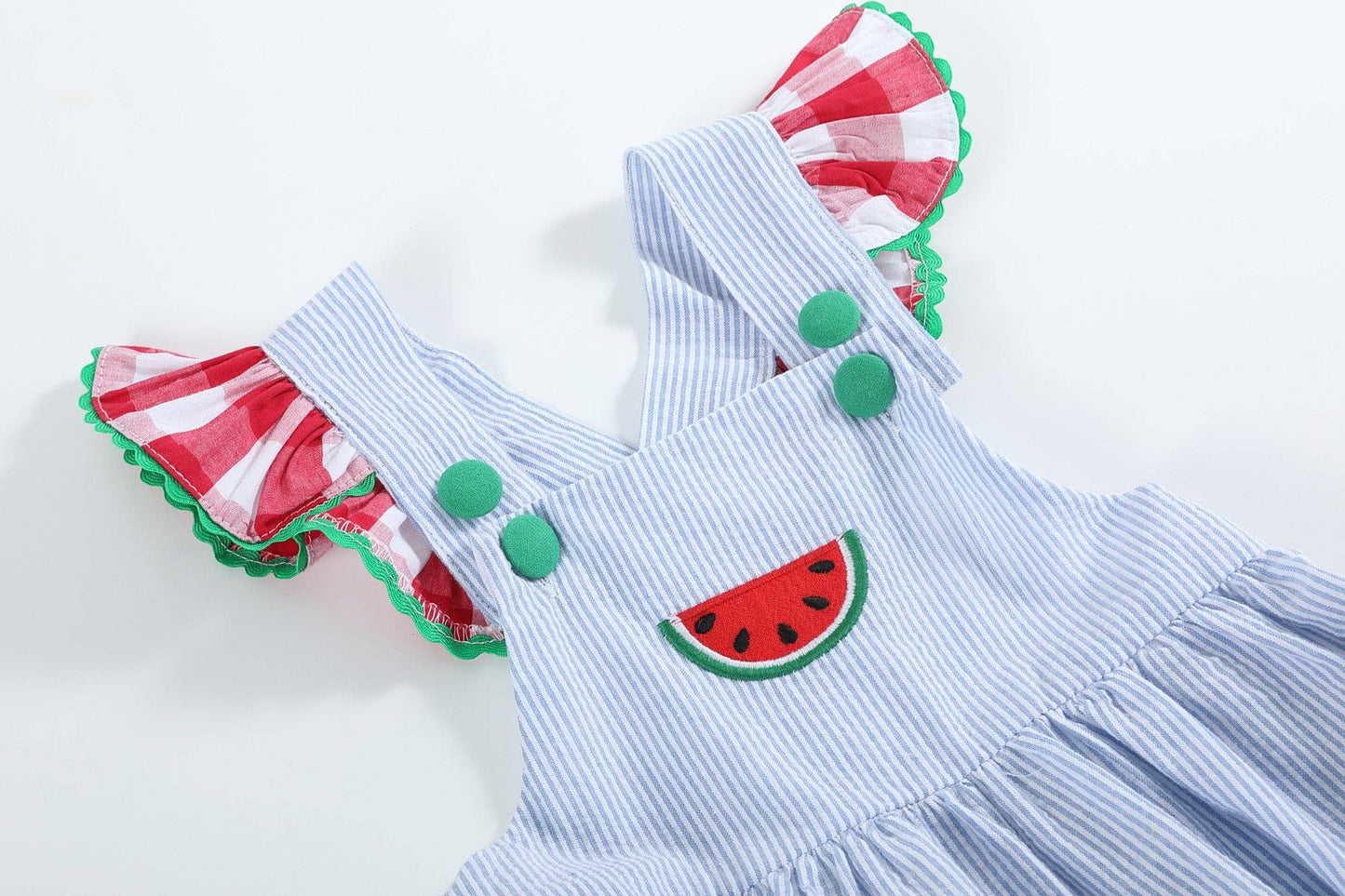 Blue Seersucker Watermelon Ruffle Romper