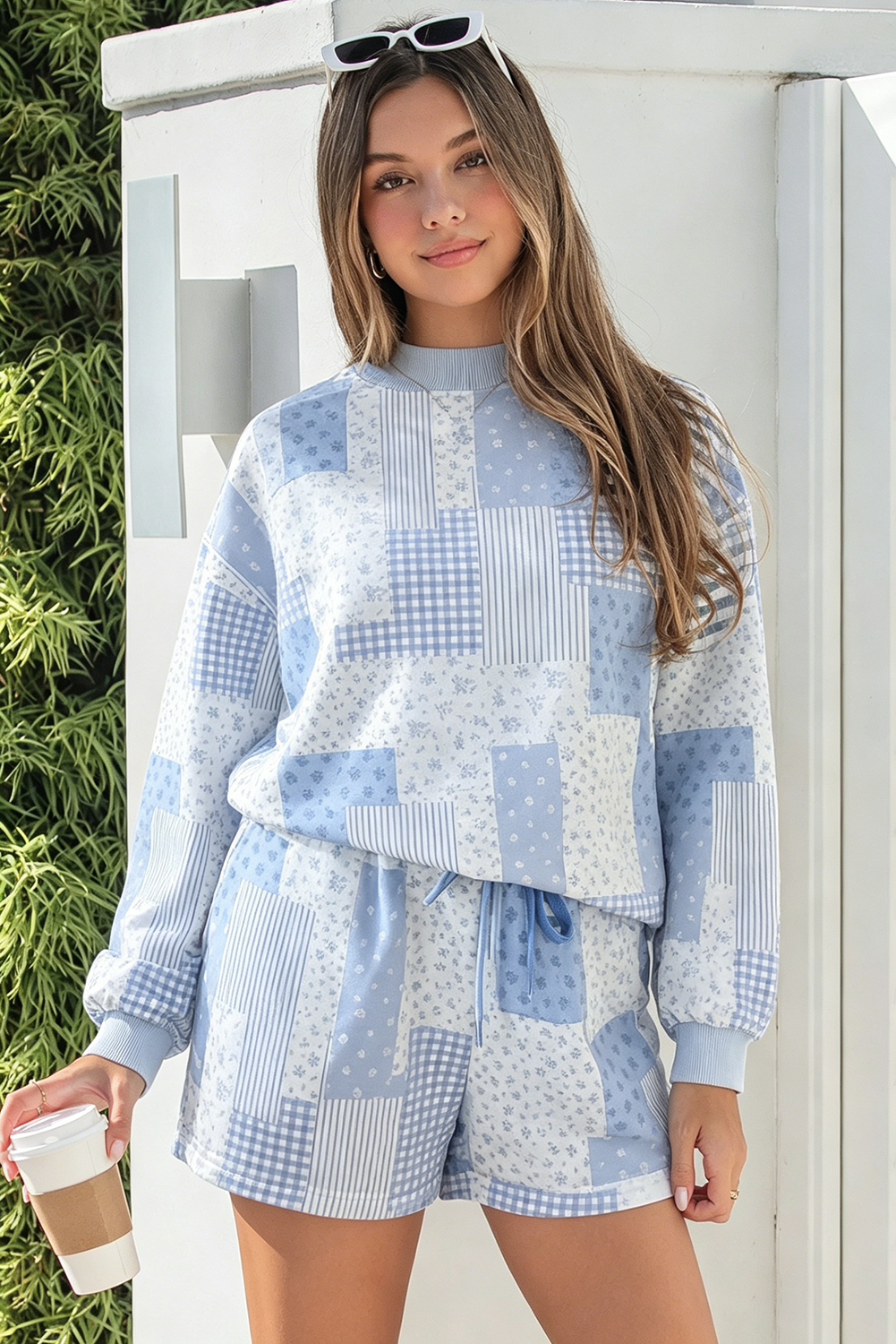 Patchwork Long Sleeve Waist Shorts Two Piece Set