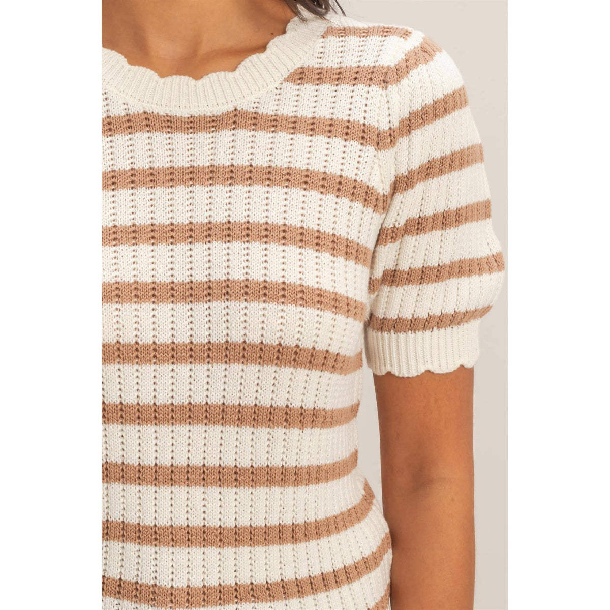 Striped Scallop Puff Sleeve Knit Top