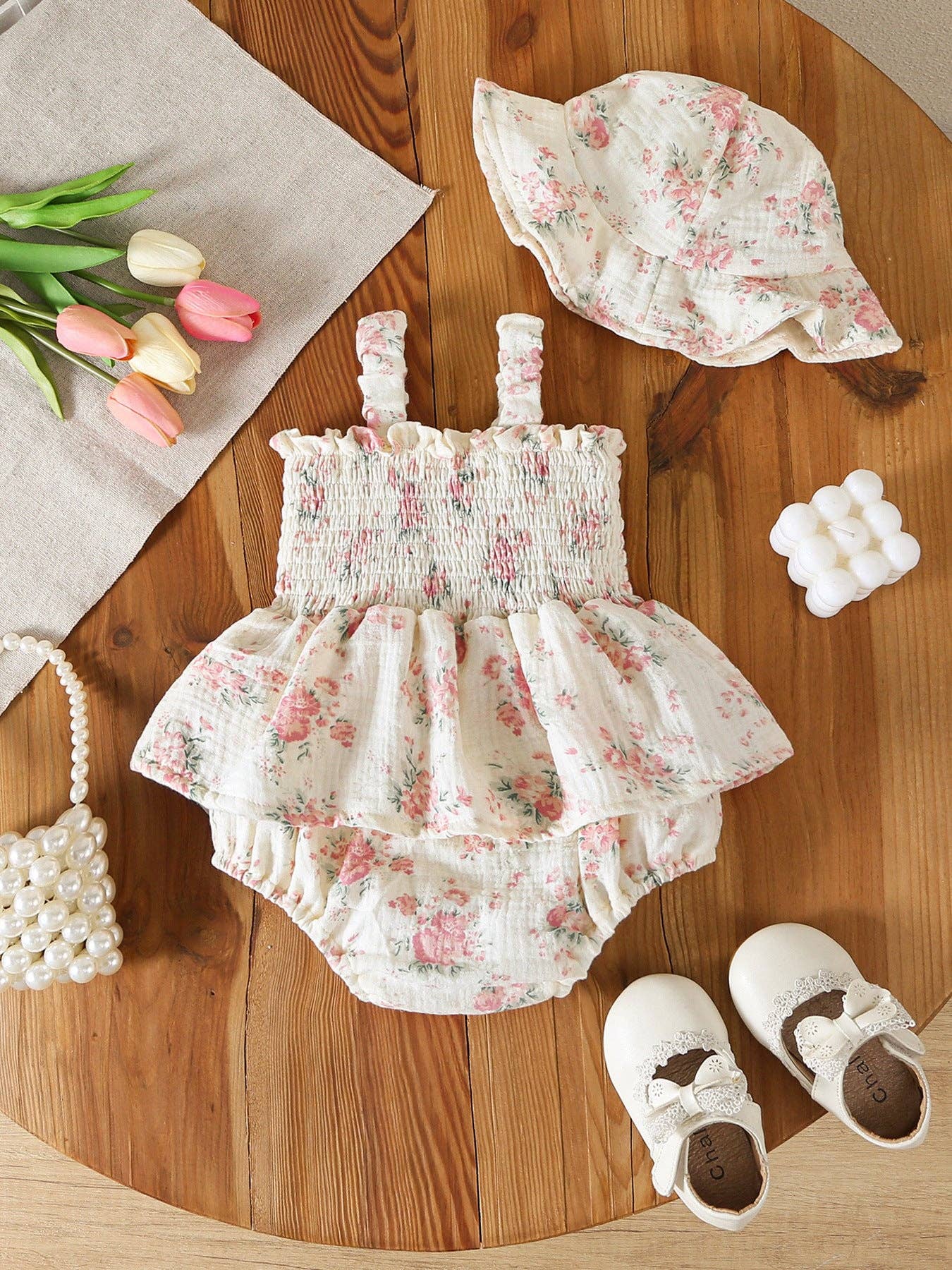Summer Floral Smocked Romper & Hat Set