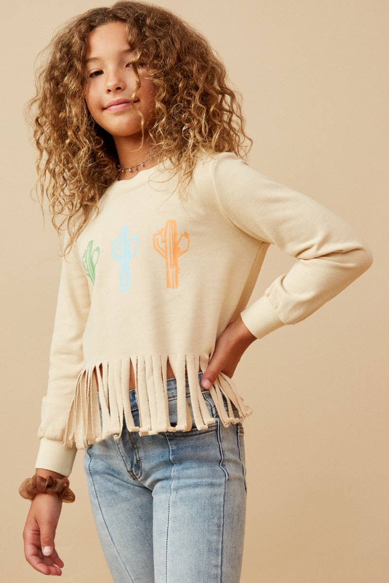 Girls Fringed Graphic Terry Top
