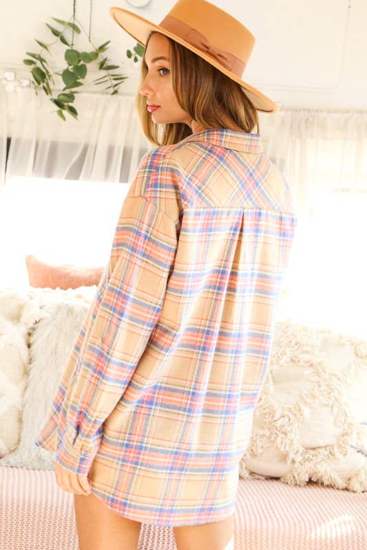 Collared Pocket Detail Roll-Up Sleeve Plaid Shirt VT70146E