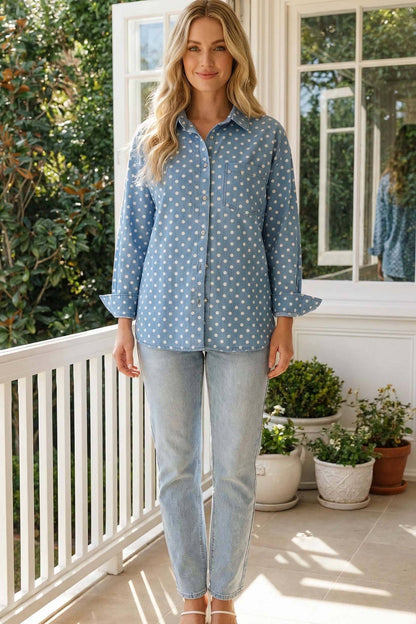 Polka Dot Button Front Chest Pocket Denim Shirt VT83200D