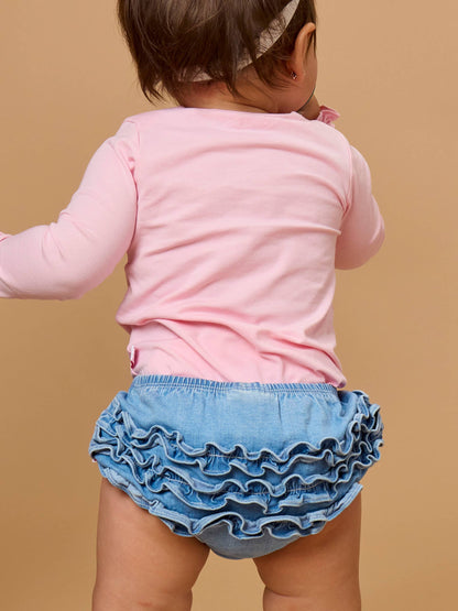 Baby Girls Light Wash Stretch Denim RuffleButt Bloomer