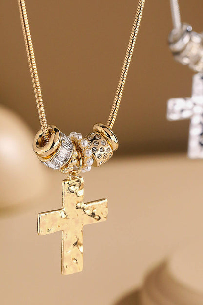 Hammered Cross & Beaded Charm Necklace