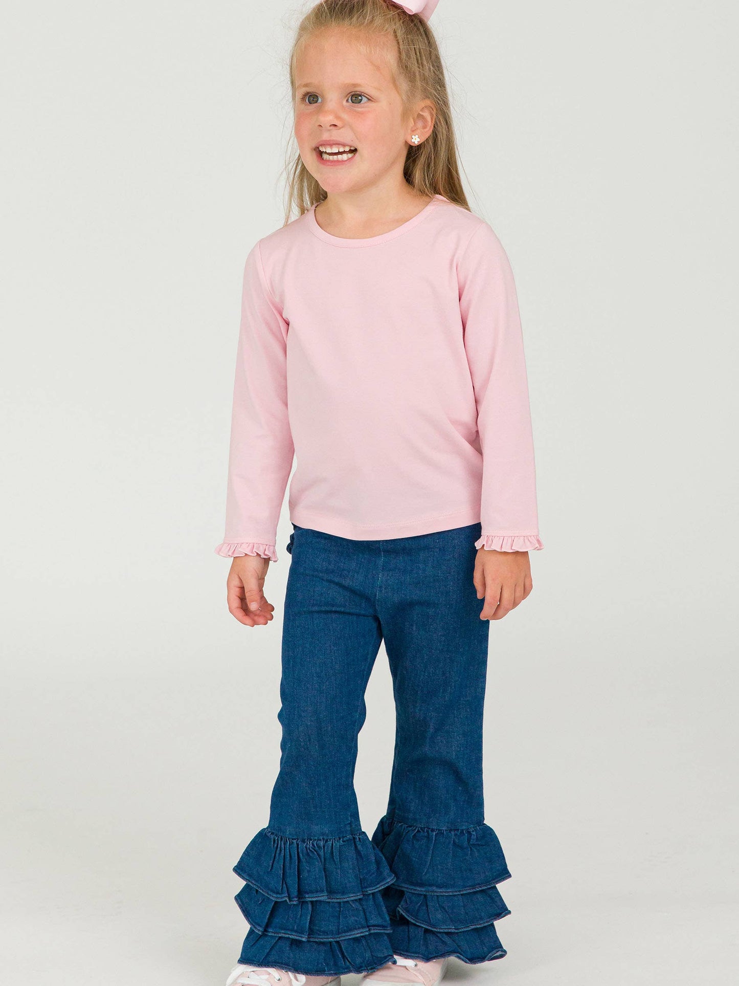 Toddler Girls Medium Wash Stretch Denim Ruffle Flare Pants with Signature Rear Ruffles