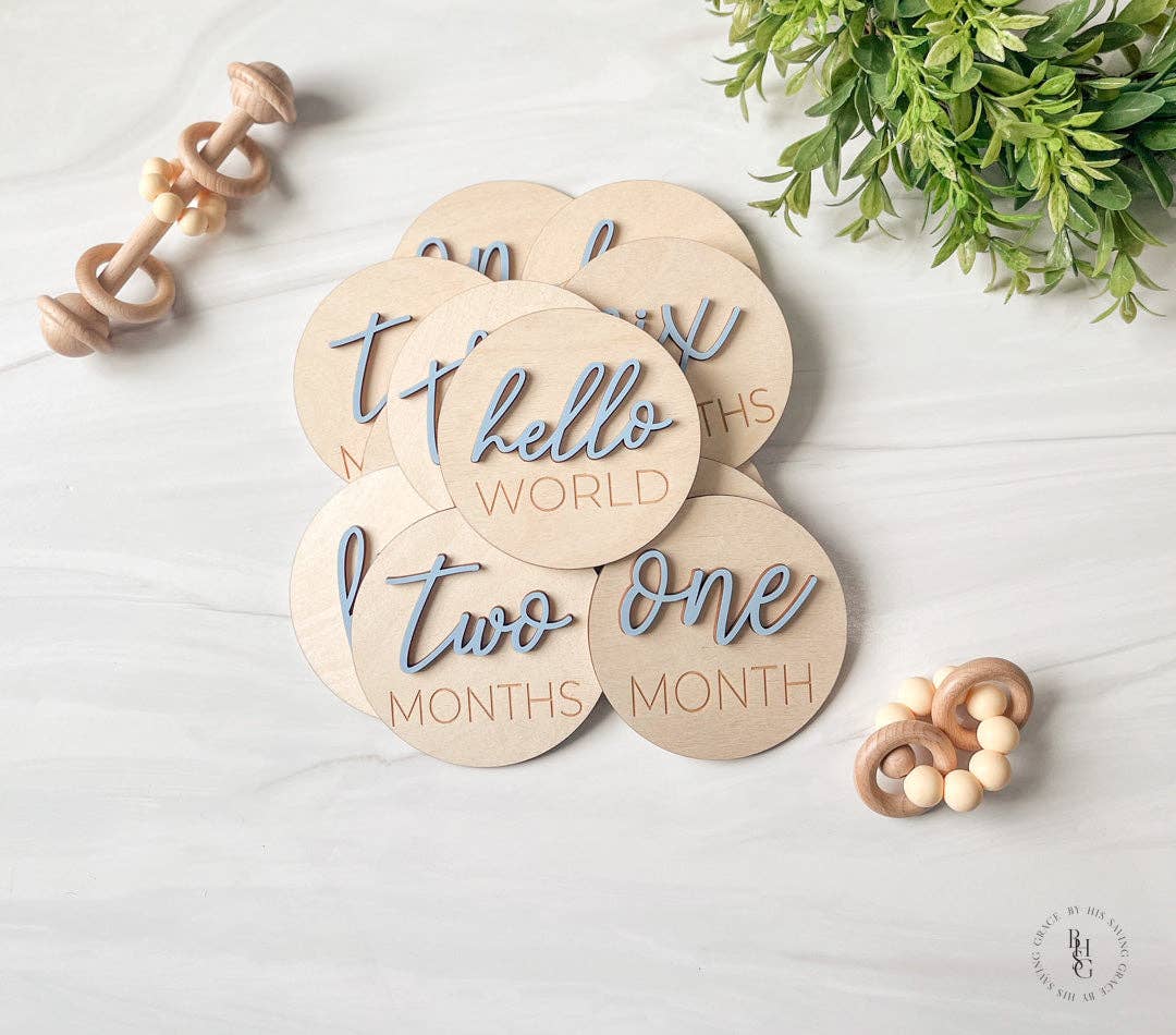 3D Wooden Monthly Milestone Discs With Light Pink Letters 