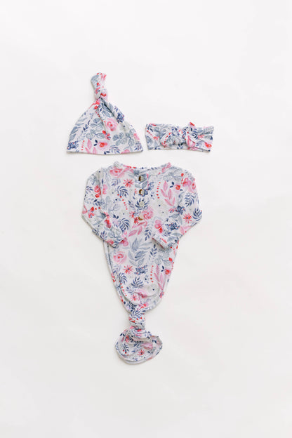 Newborn Knotted Baby Gown, Bow, Hat Set - Baby Clothes Girl