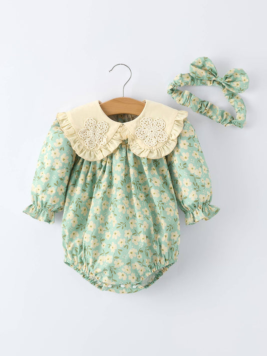 Spring Floral Print Long-Sleeved Romper and Dress Matching Headband
