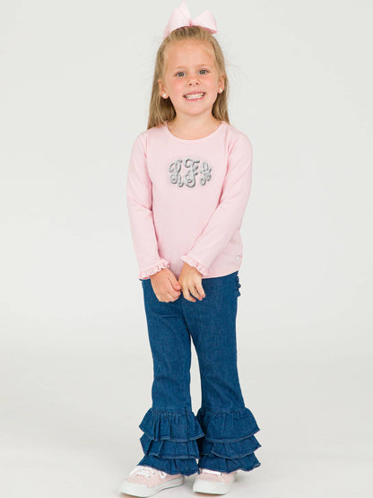 Toddler Girls Medium Wash Stretch Denim Ruffle Flare Pants with Signature Rear Ruffles