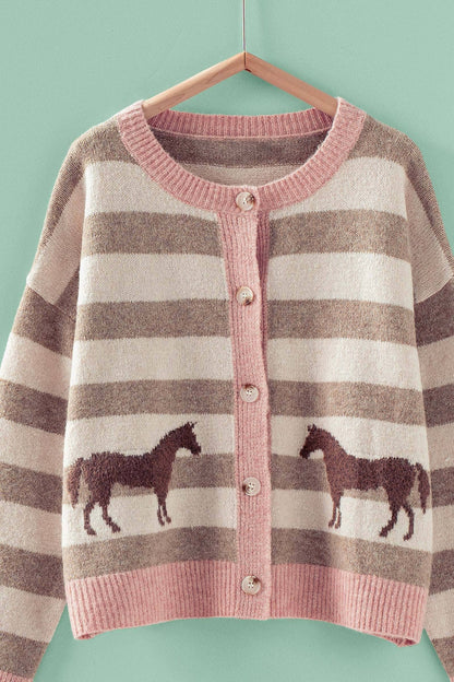 Horse Striped Crew Neck Cardigan