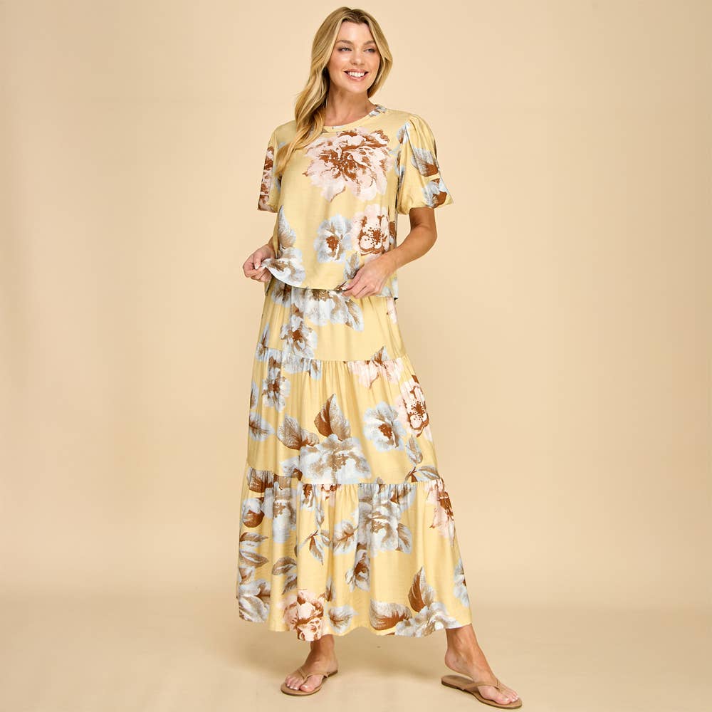 Yellow Floral Tiered Maxi Skirt