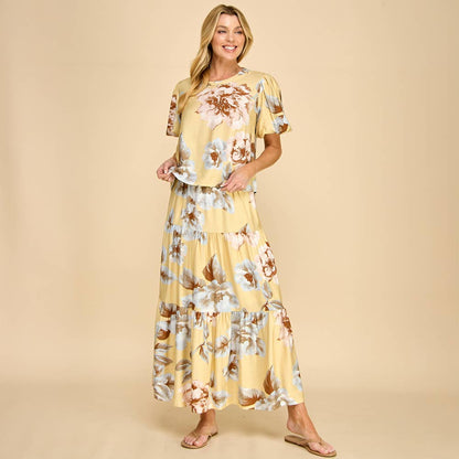 Yellow Floral Tiered Maxi Skirt