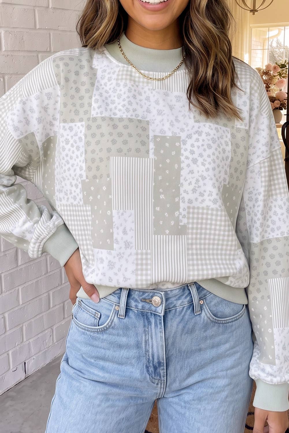 Sage Patchwork Mock Neck Sweatshirt