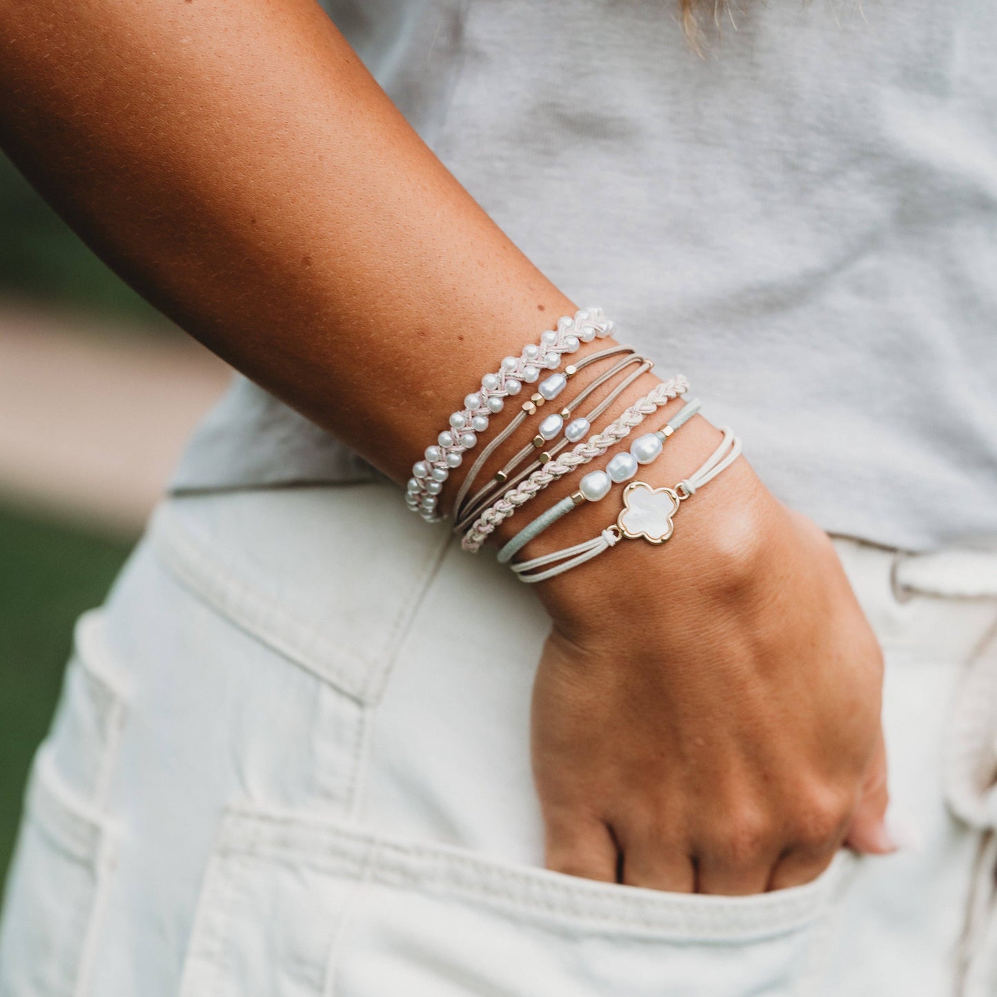 K’lani "Glimmer" Soft Pinks with Pearl and Gold Accent Hair Tie Bracelets