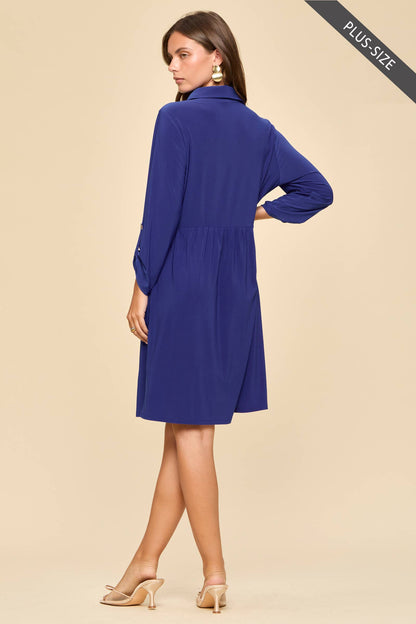 Royal Blue Collared Shirt Dress-Plus Size