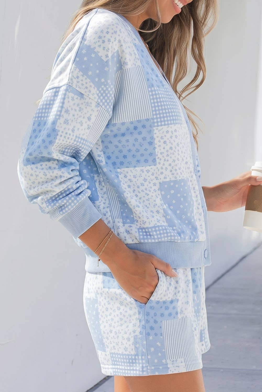 Patchwork Long Sleeve Waist Shorts Two Piece Set