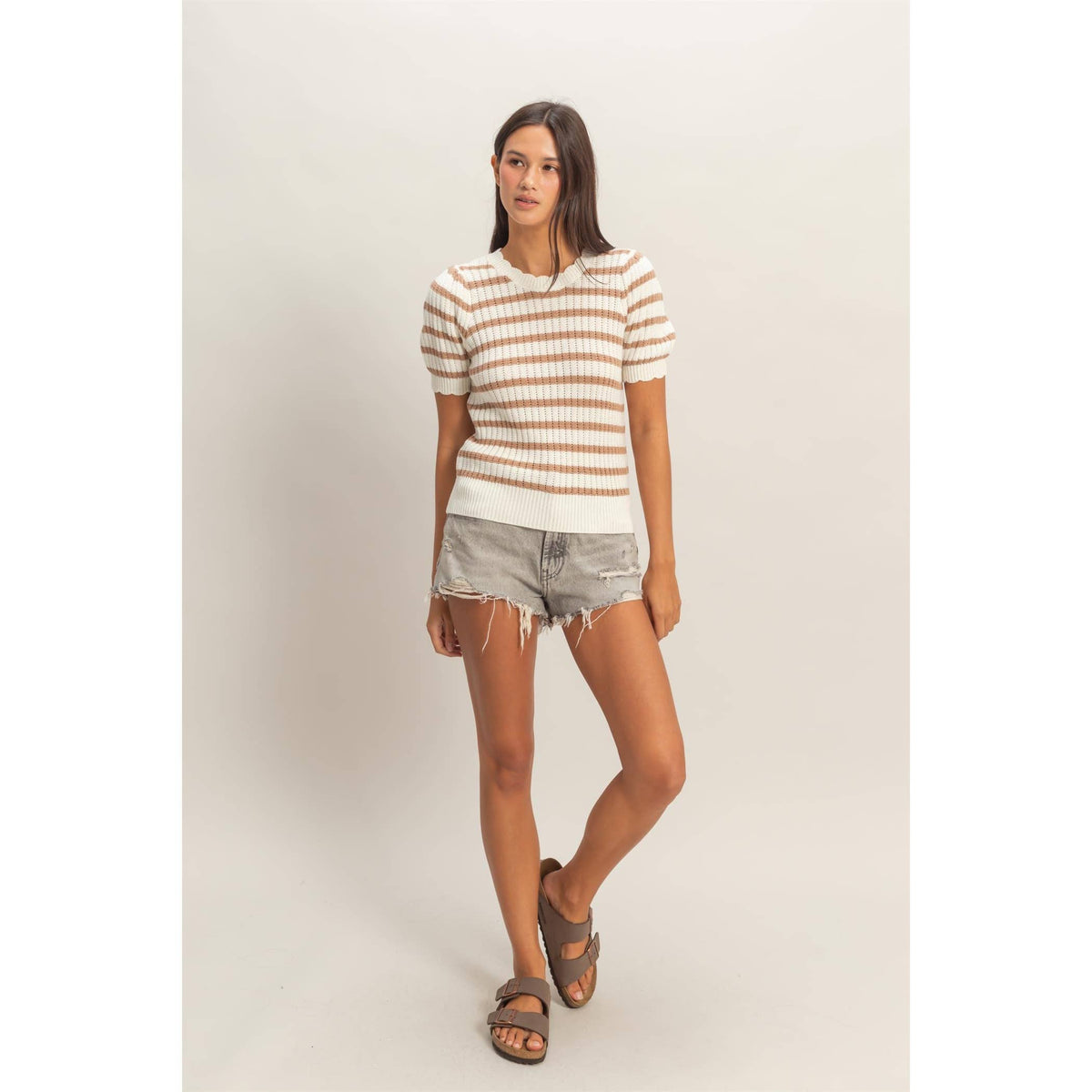Striped Scallop Puff Sleeve Knit Top
