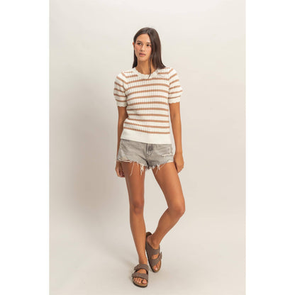 Striped Scallop Puff Sleeve Knit Top