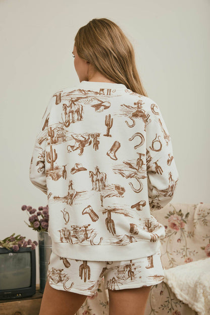 WESTERN CREW NECK LONG SLEEVE KNIT TOP