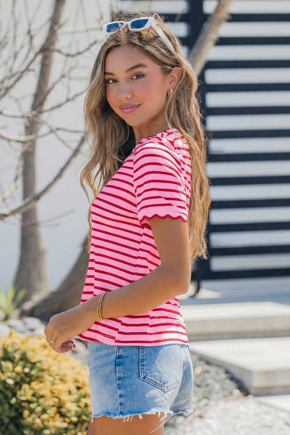 Striped Scalloped Trim Round Neck T Shirt S-4X