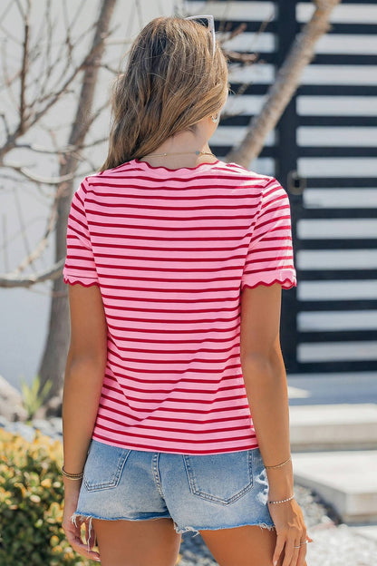 Striped Scalloped Trim Round Neck T Shirt S-4X