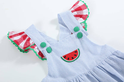 Blue Seersucker Watermelon Ruffle Romper