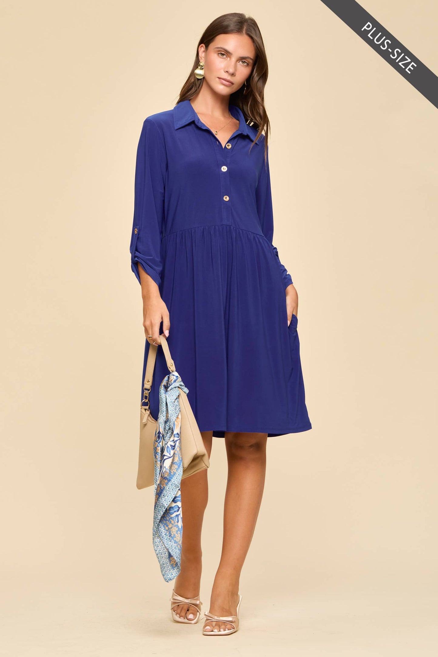 Royal Blue Collared Shirt Dress-Plus Size