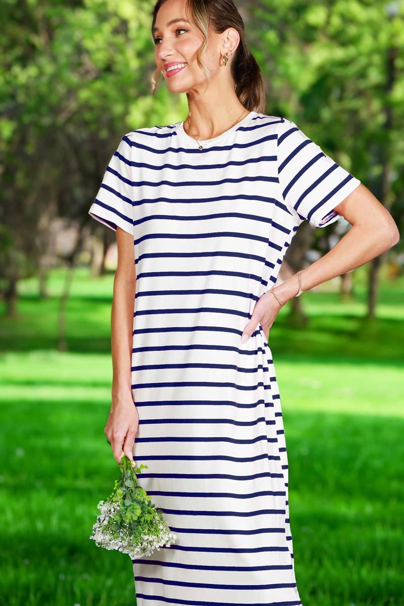 Crew Neck Striped Cotton T-Shirt Maxi Dress VD82246