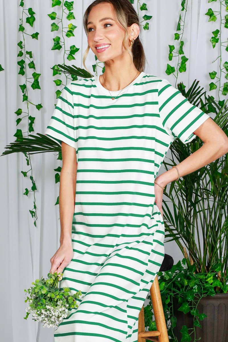 Crew Neck Striped Cotton T-Shirt Maxi Dress VD82246