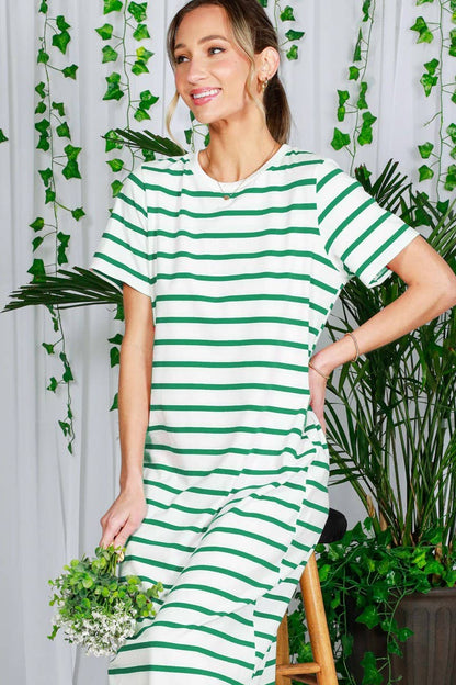 Crew Neck Striped Cotton T-Shirt Maxi Dress VD82246