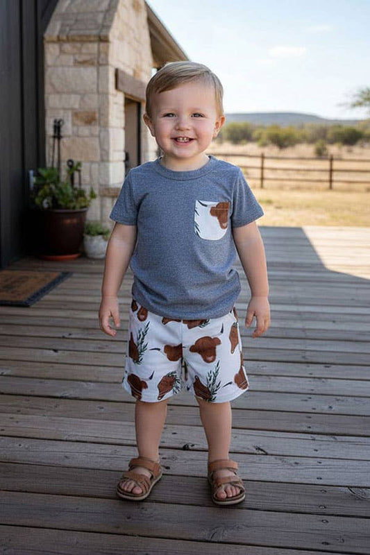 Western ranch grey top cow shorts boy boutique set 2601086M