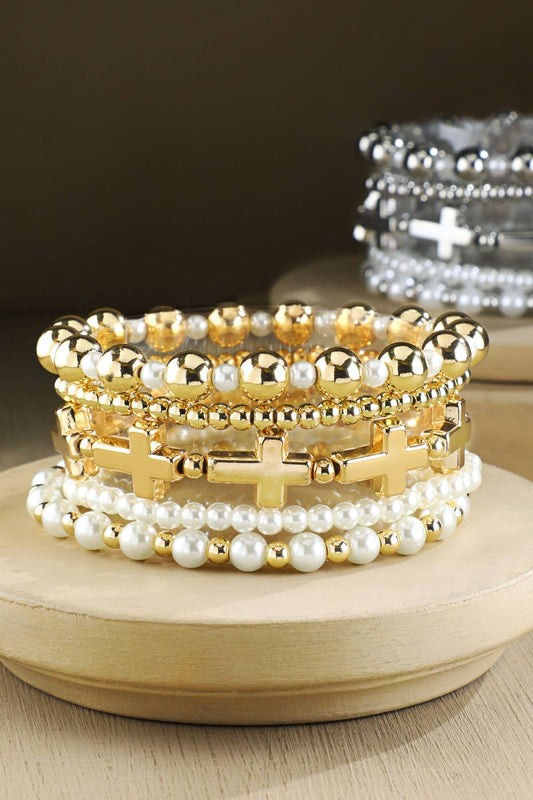 Stackable Pearl Bead & Cross Charm Bracelet