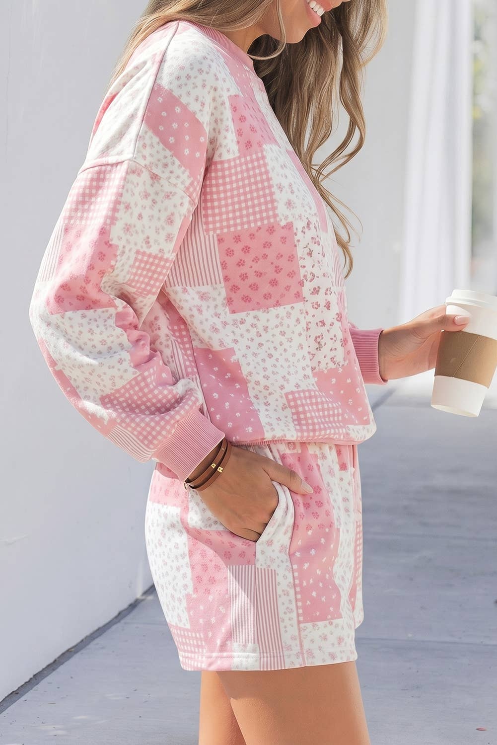 Patchwork Long Sleeve Waist Shorts Two Piece Set