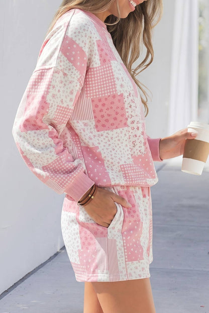 Patchwork Long Sleeve Waist Shorts Two Piece Set