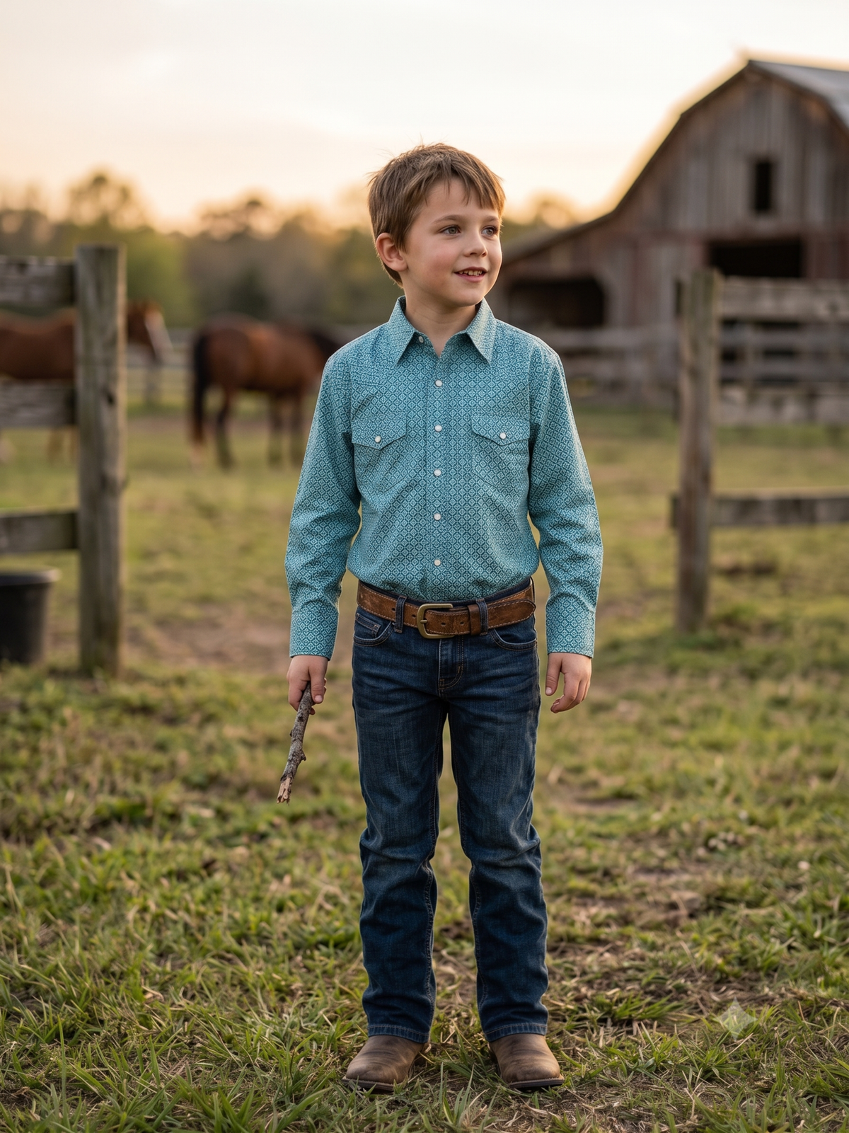 Teal Boys' Western Print Shirt