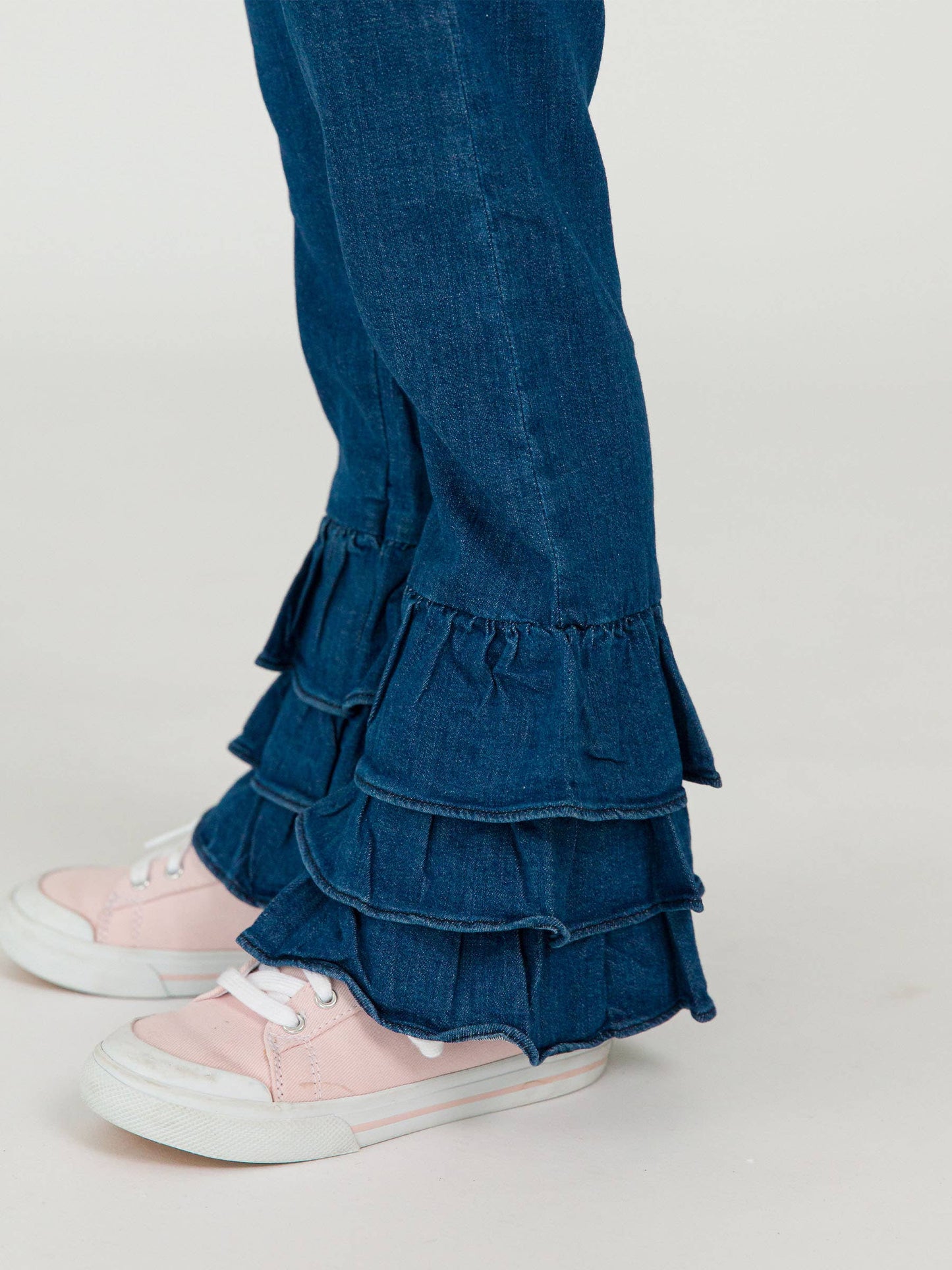 Toddler Girls Medium Wash Stretch Denim Ruffle Flare Pants with Signature Rear Ruffles