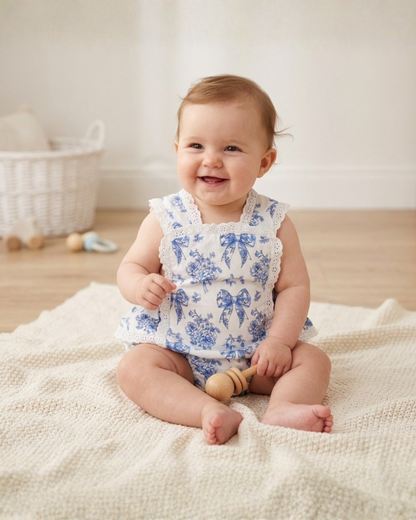 Blue Floral Apron Ruffle Romper