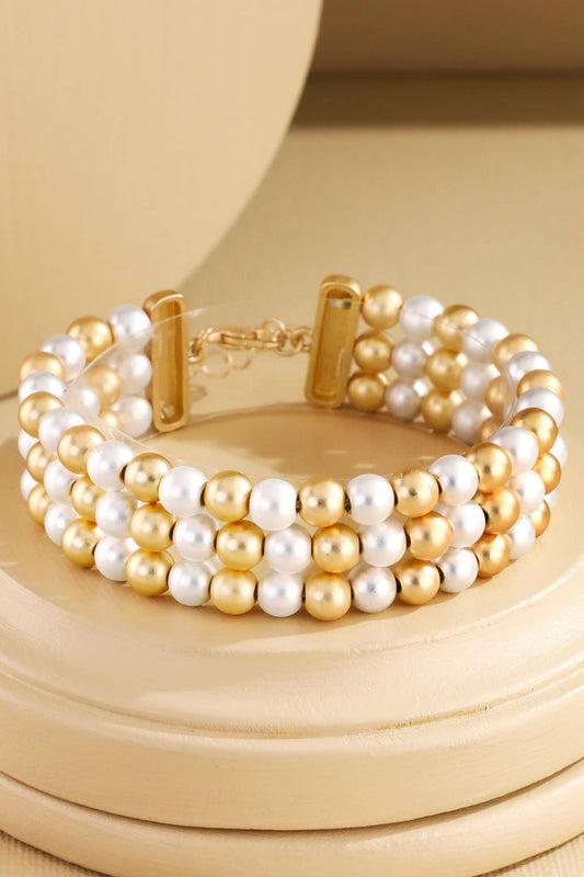 Triple Strand Pearl & Gold Bead Bracelet
