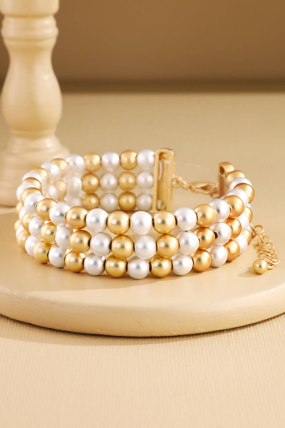 Triple Strand Pearl & Gold Bead Bracelet