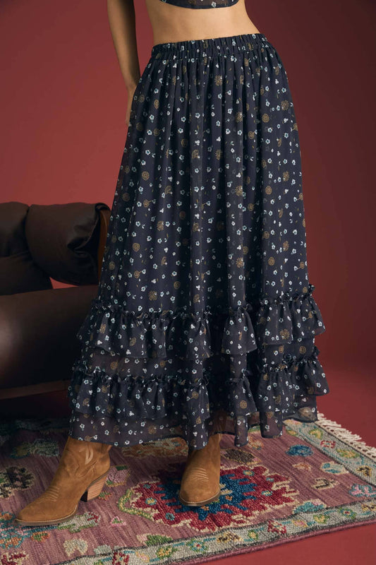NAVY FLORAL RUFFLE TIERED SKIRT