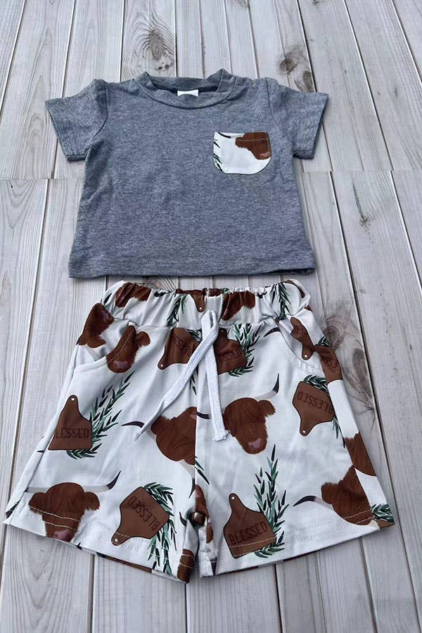 Western ranch grey top cow shorts boy boutique set 2601086M