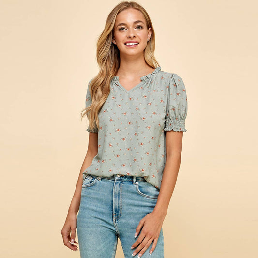 Floral Ruffled Top in Sage