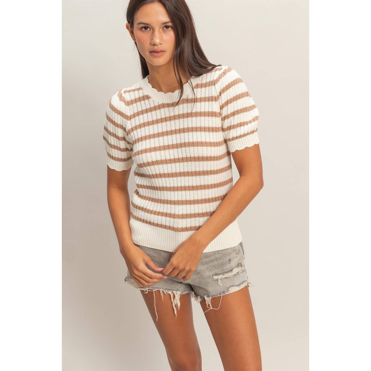 Striped Scallop Puff Sleeve Knit Top