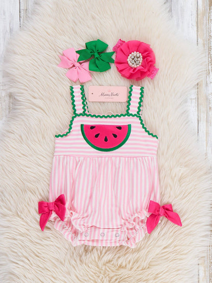 Watermelon Days Striped Embroidery Ruffle Bubble Romper
