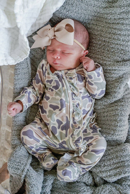 Ruffle Bamboo Zipper Footie | Camo Cutie