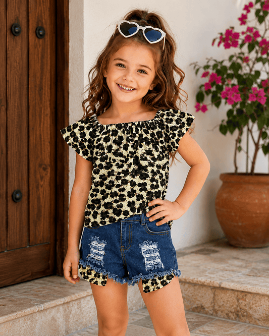 Cheetah Off The Shoulder Denim Shorts Outfit Kids