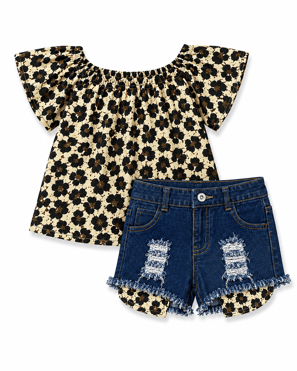 Cheetah Off The Shoulder Denim Shorts Outfit Kids