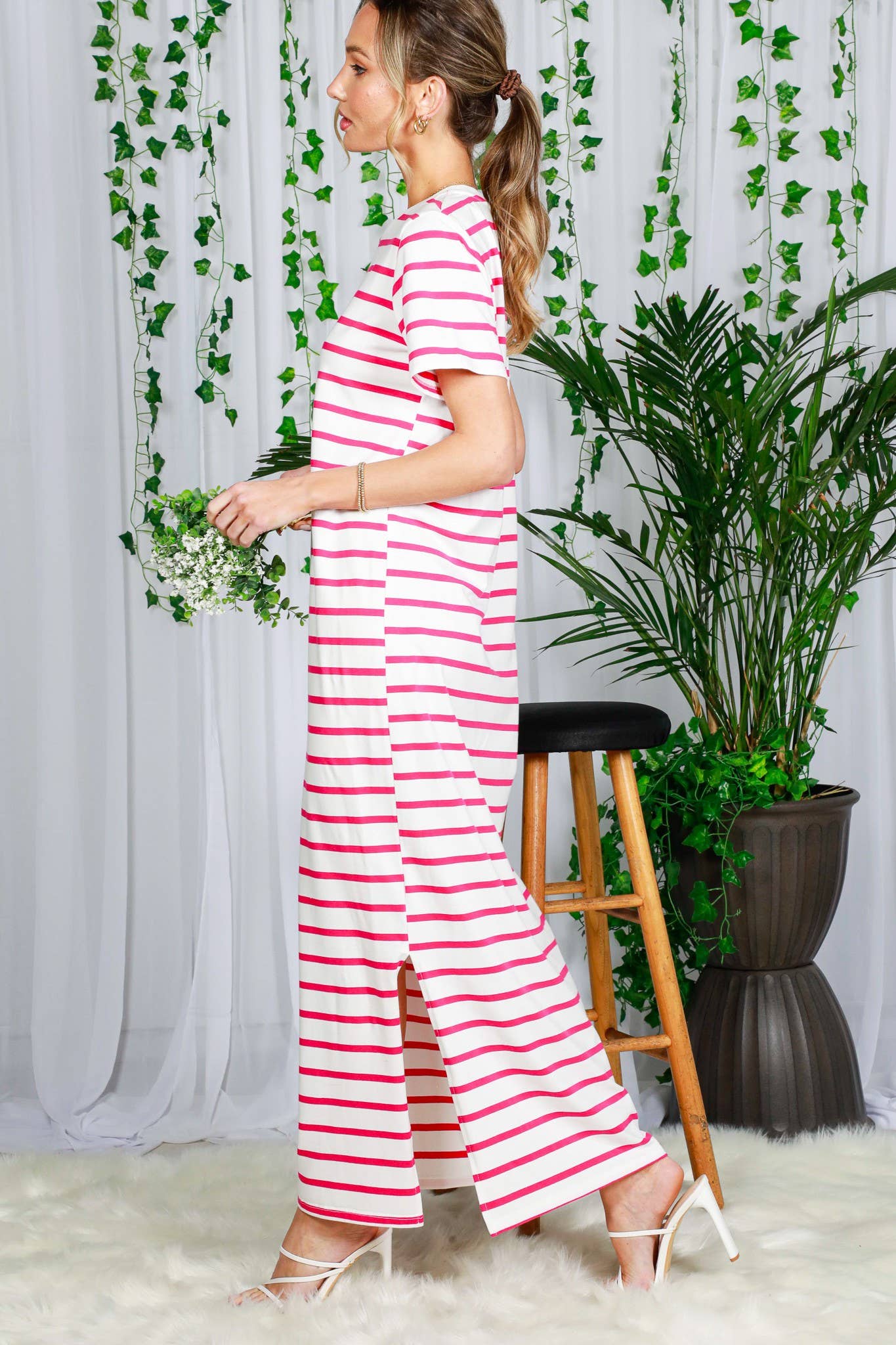 Crew Neck Striped Cotton T-Shirt Maxi Dress VD82246